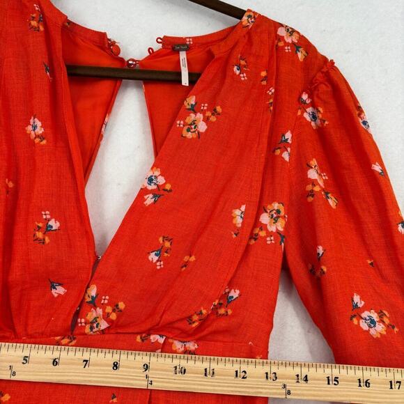 Free People Mini Dress Size 4 Orange Floral Belted Faux Wrap Balloon Sleeves - Picture 12 of 13
